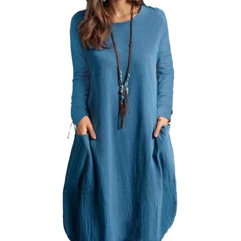 Women's Autumn Cotton And Linen Loose Casual Solid Color Long-sleeved Dress GlamzLife