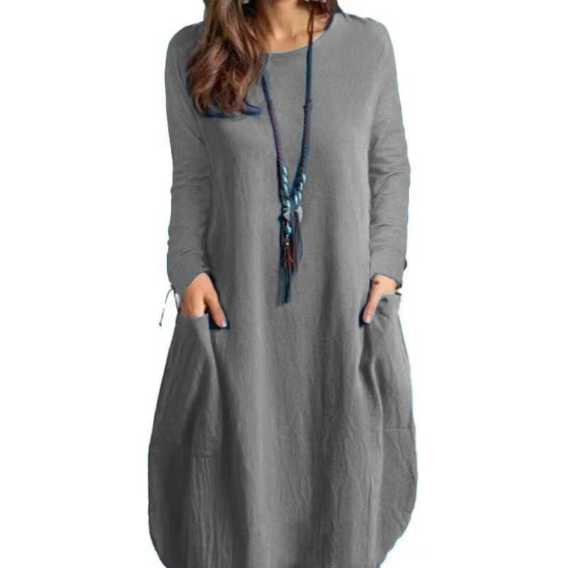 Women's Autumn Cotton And Linen Loose Casual Solid Color Long-sleeved Dress GlamzLife