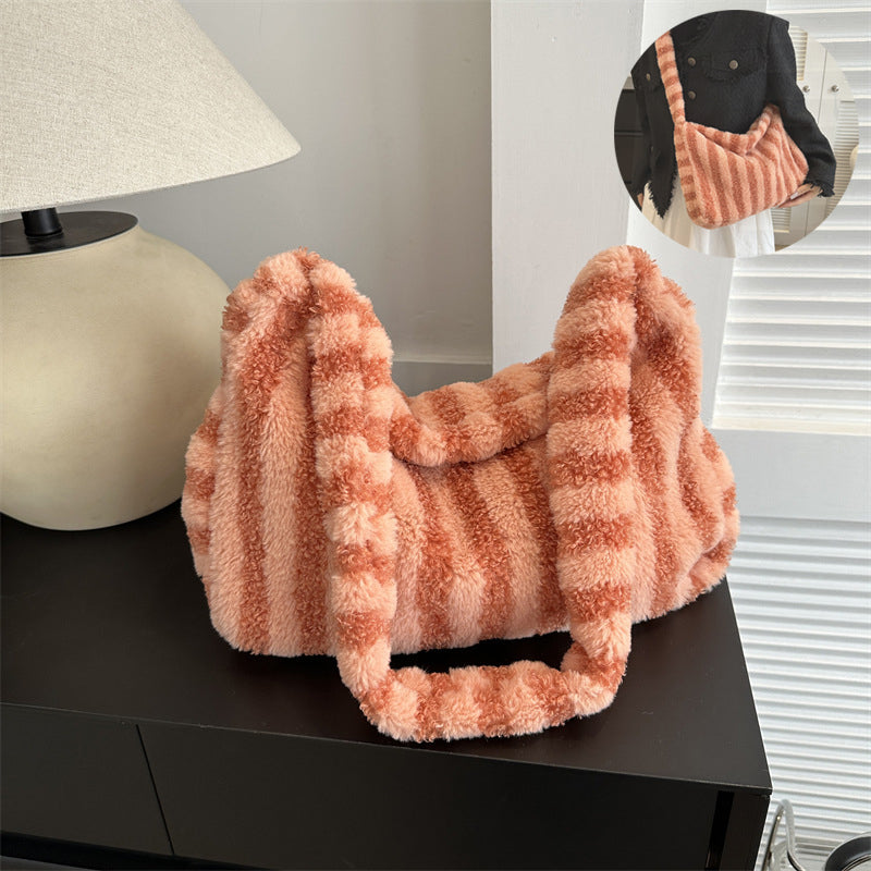 Large-capacity Striped Plush Bag Winter New Fashion Portable Tote Shoulder Bags Shopping Furry Handbags For Women GlamzLife