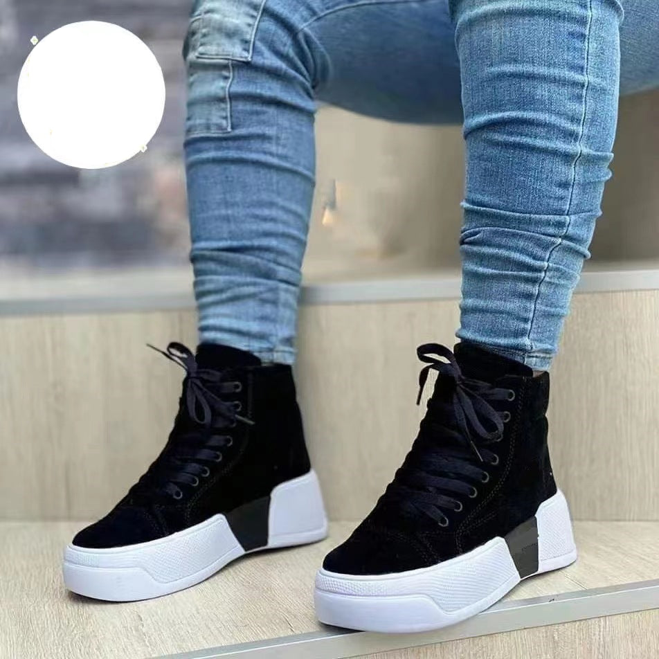 Chunky Heel Boots Round Toe Lace-Up Flats Shoes Suede Ankle Boots GlamzLife