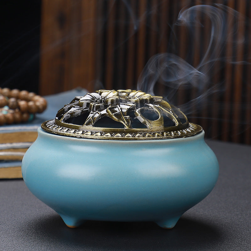 Copper Lid Ceramic Buddha with Antique Alloy Wire Incense Burner GlamzLife