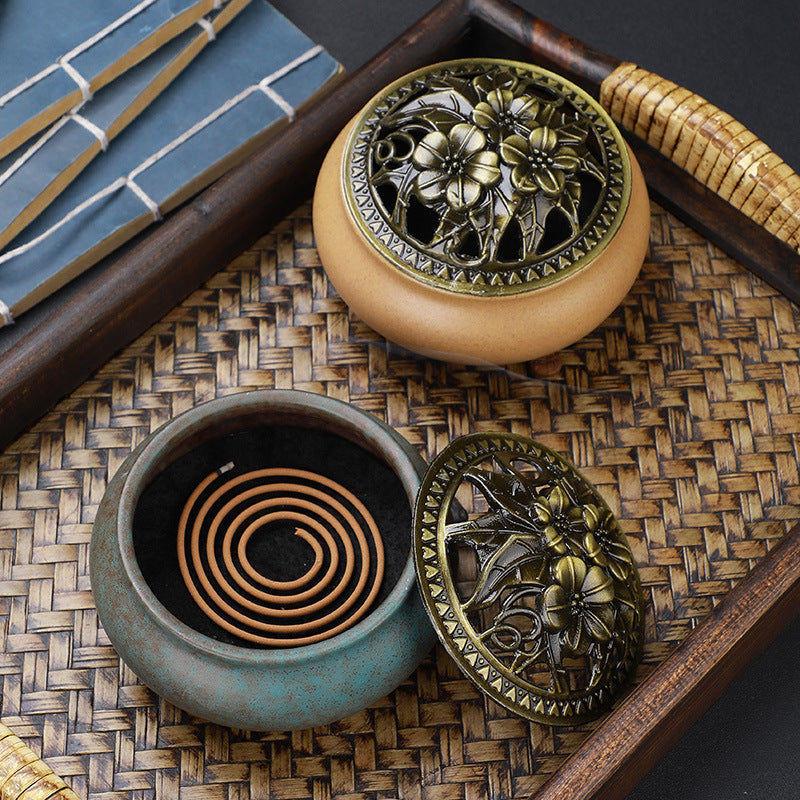 Copper Lid Ceramic Buddha with Antique Alloy Wire Incense Burner GlamzLife