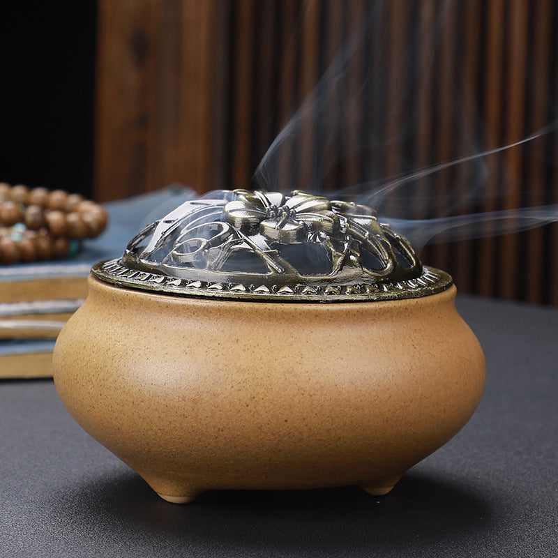 Copper Lid Ceramic Buddha with Antique Alloy Wire Incense Burner | GlamzLife