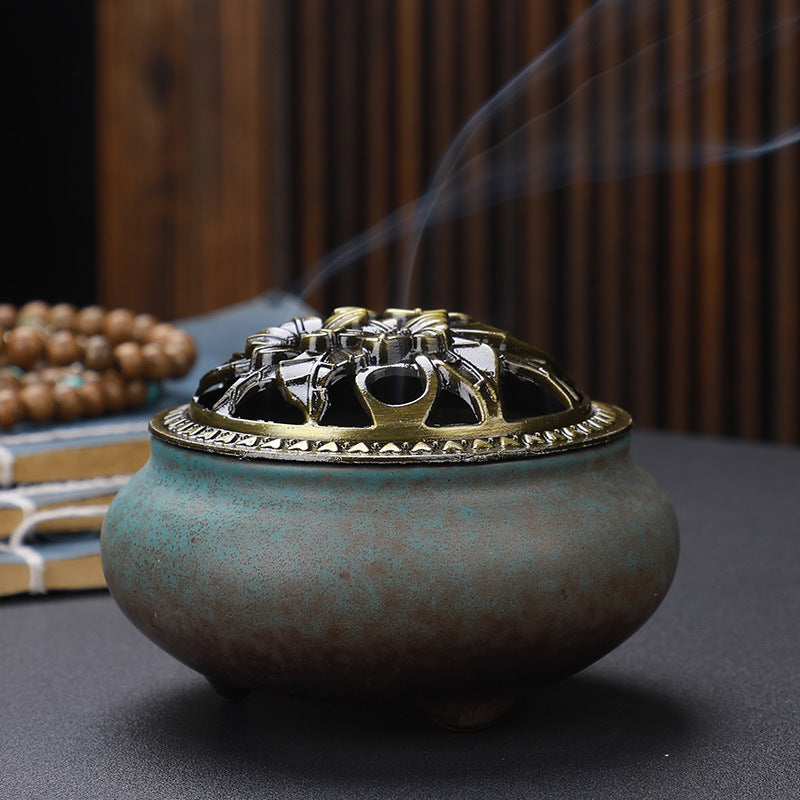 Copper Lid Ceramic Buddha with Antique Alloy Wire Incense Burner GlamzLife