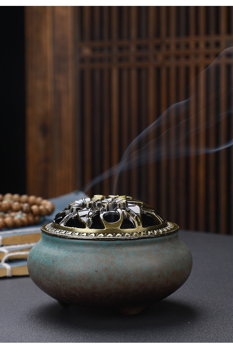 Copper Lid Ceramic Buddha with Antique Alloy Wire Incense Burner GlamzLife
