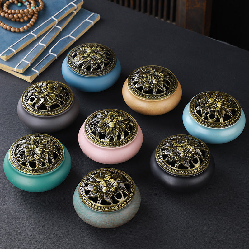 Copper Lid Ceramic Buddha with Antique Alloy Wire Incense Burner GlamzLife