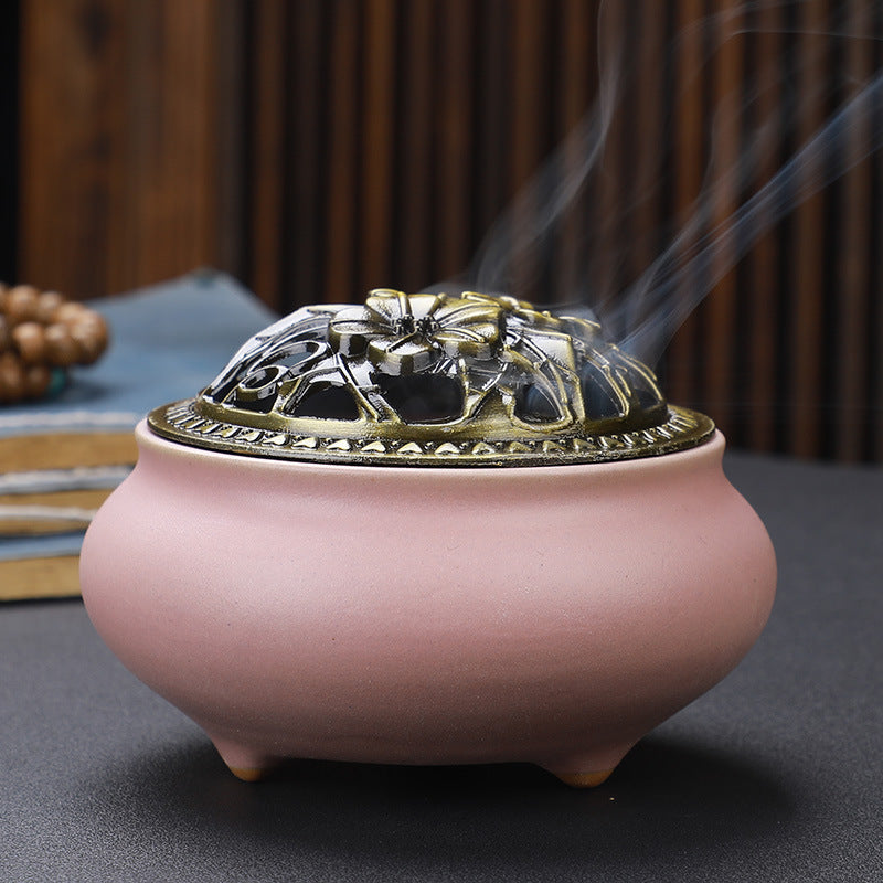 Copper Lid Ceramic Buddha with Antique Alloy Wire Incense Burner GlamzLife