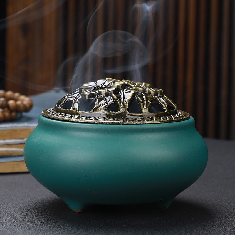 Copper Lid Ceramic Buddha with Antique Alloy Wire Incense Burner GlamzLife