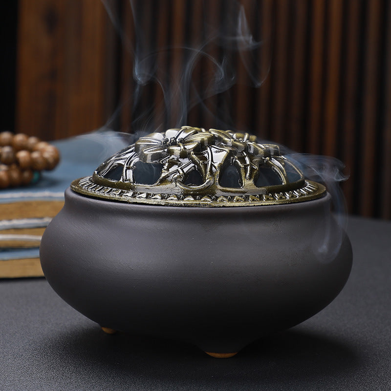 Copper Lid Ceramic Buddha with Antique Alloy Wire Incense Burner GlamzLife