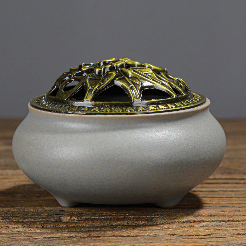 Copper Lid Ceramic Buddha with Antique Alloy Wire Incense Burner GlamzLife