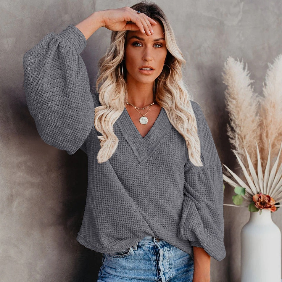 Fashion loose V-neck with Lantern Sleeve Top GlamzLife
