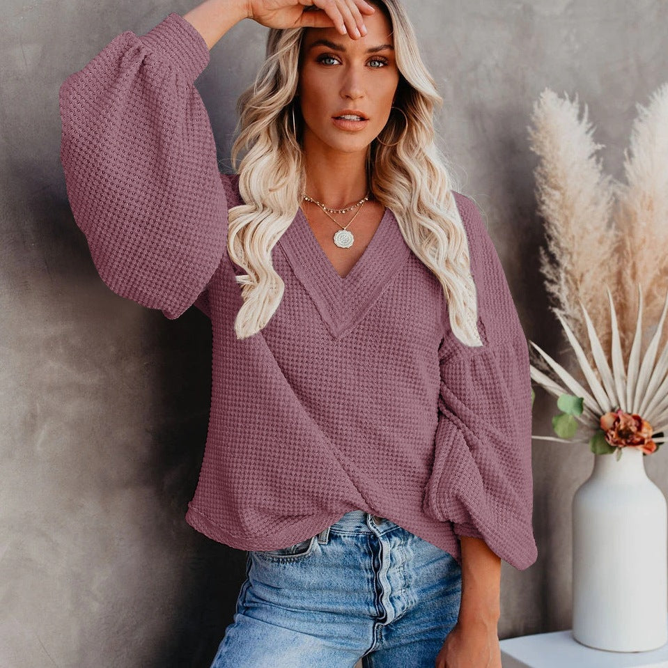 Fashion loose V-neck with Lantern Sleeve Top GlamzLife