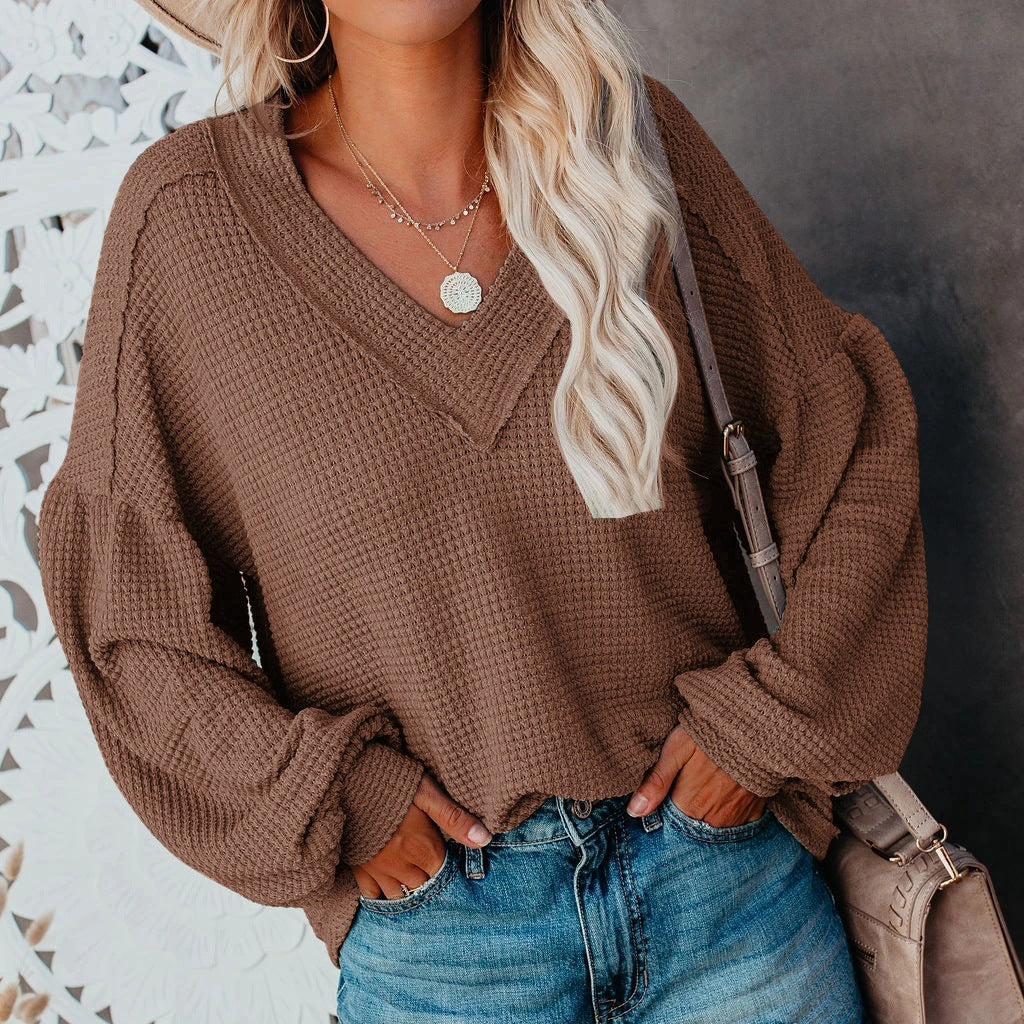 Fashion loose V-neck with Lantern Sleeve Top GlamzLife