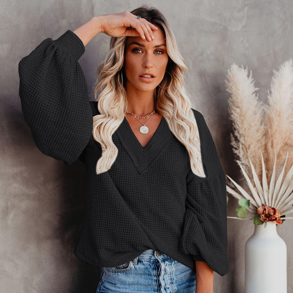 Fashion loose V-neck with Lantern Sleeve Top GlamzLife