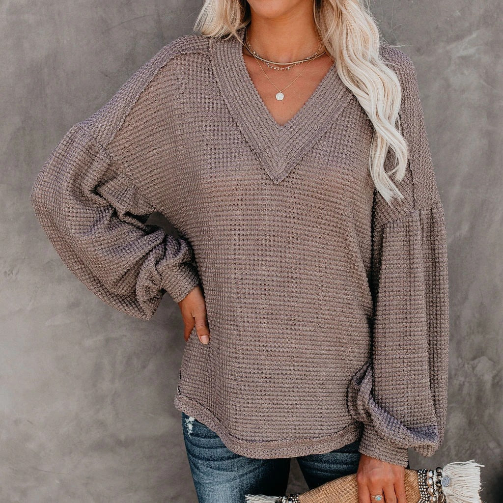 Fashion loose V-neck with Lantern Sleeve Top GlamzLife