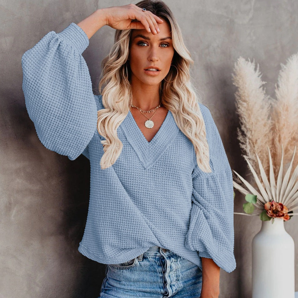 Fashion loose V-neck with Lantern Sleeve Top GlamzLife