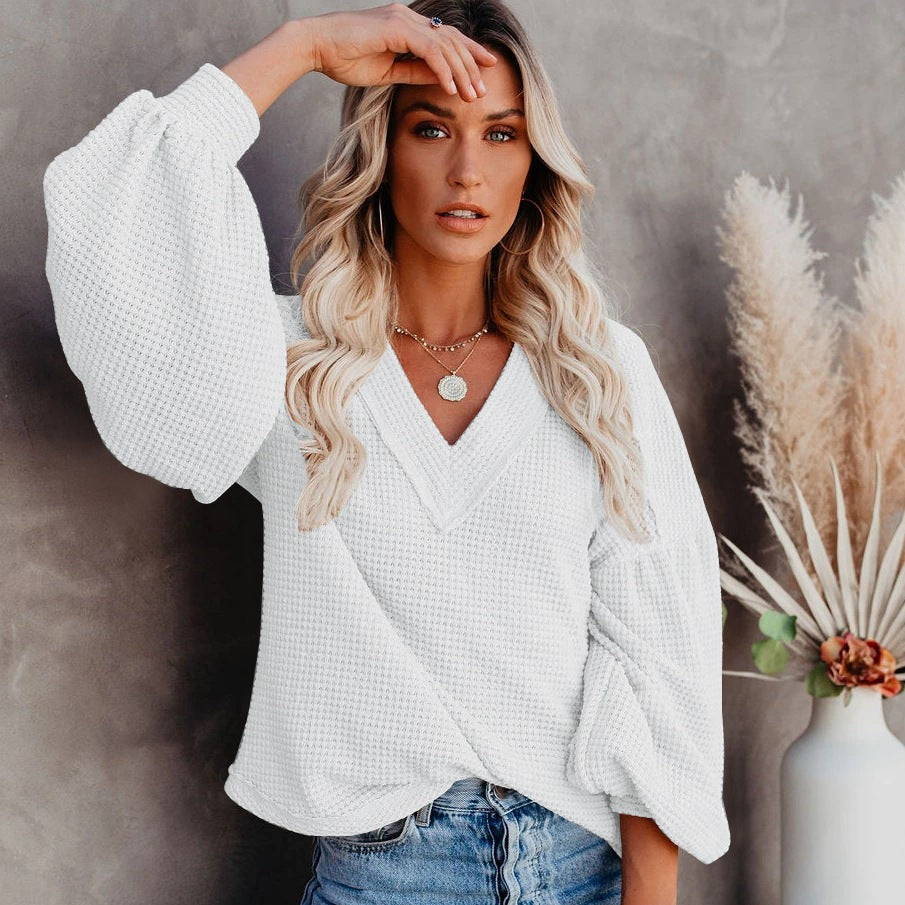 Fashion loose V-neck with Lantern Sleeve Top GlamzLife