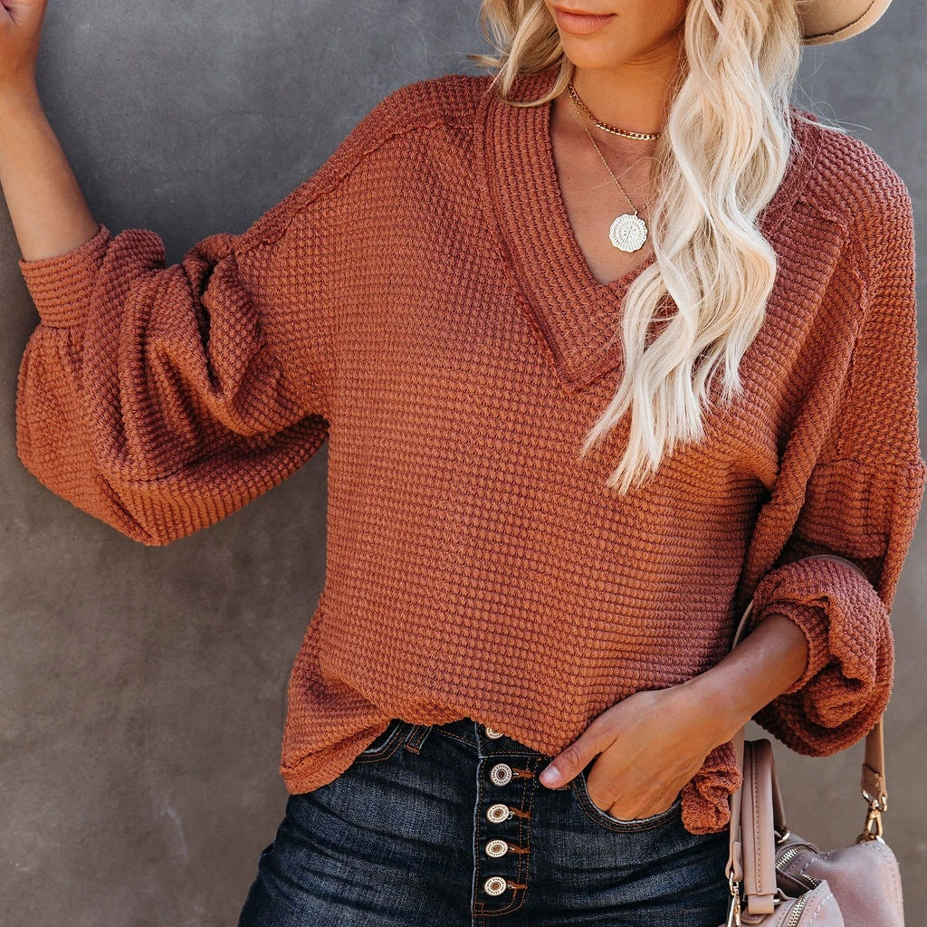 Fashion loose V-neck with Lantern Sleeve Top GlamzLife