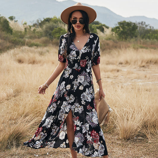 Floral V-Neck Front Slit Maxi Dress | GlamzLife