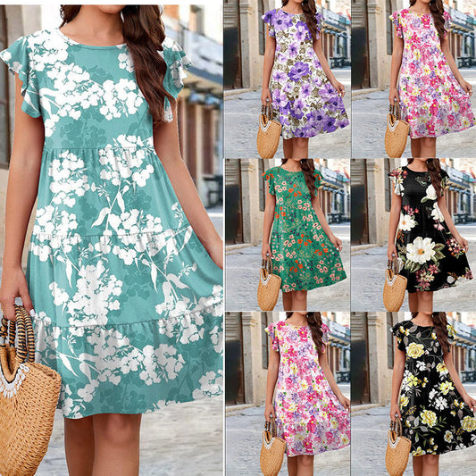 Flower Print Ruffle Sleeve Mid Skirt Dress | GlamzLife