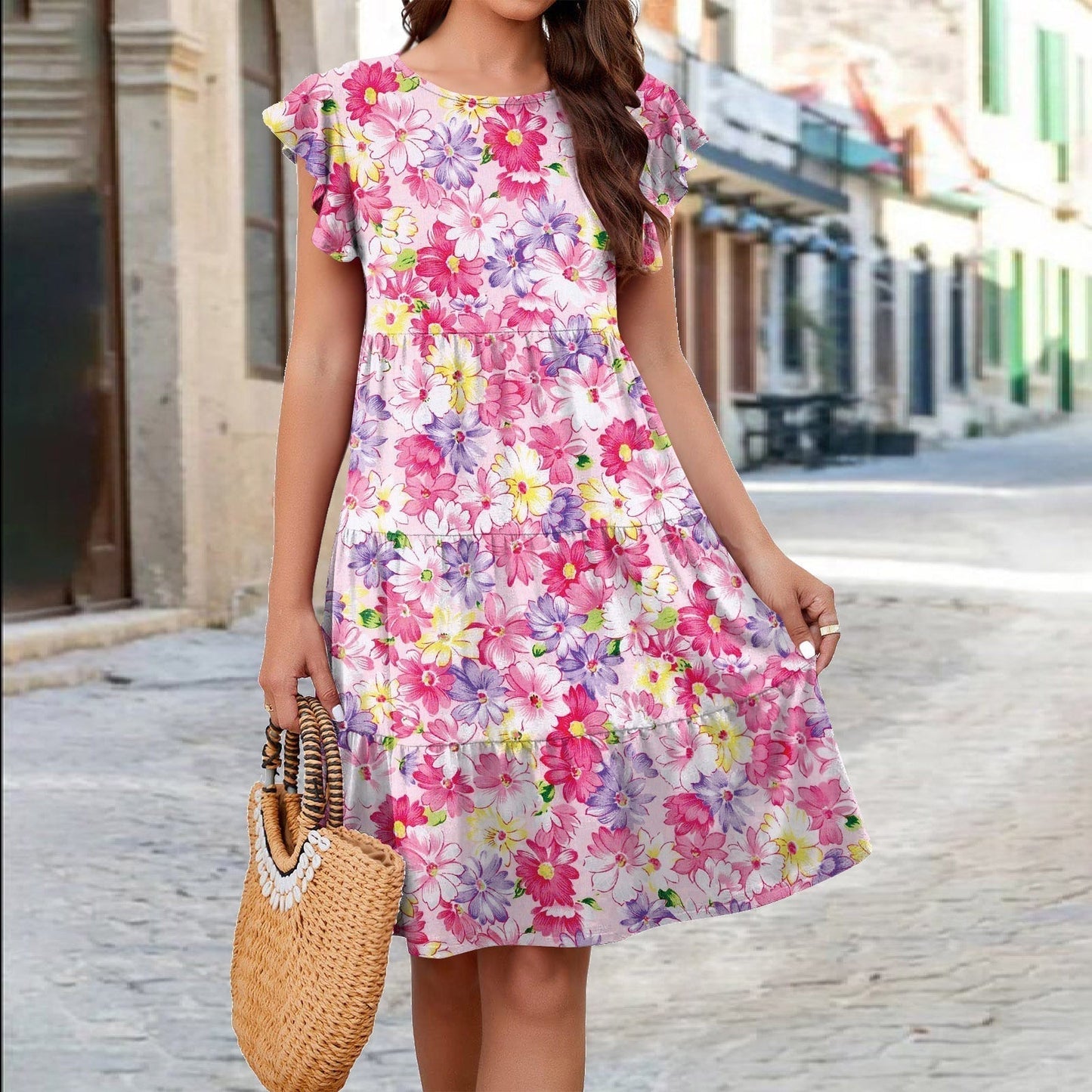 Flower Print Ruffle Sleeve Mid Skirt Dress GlamzLife