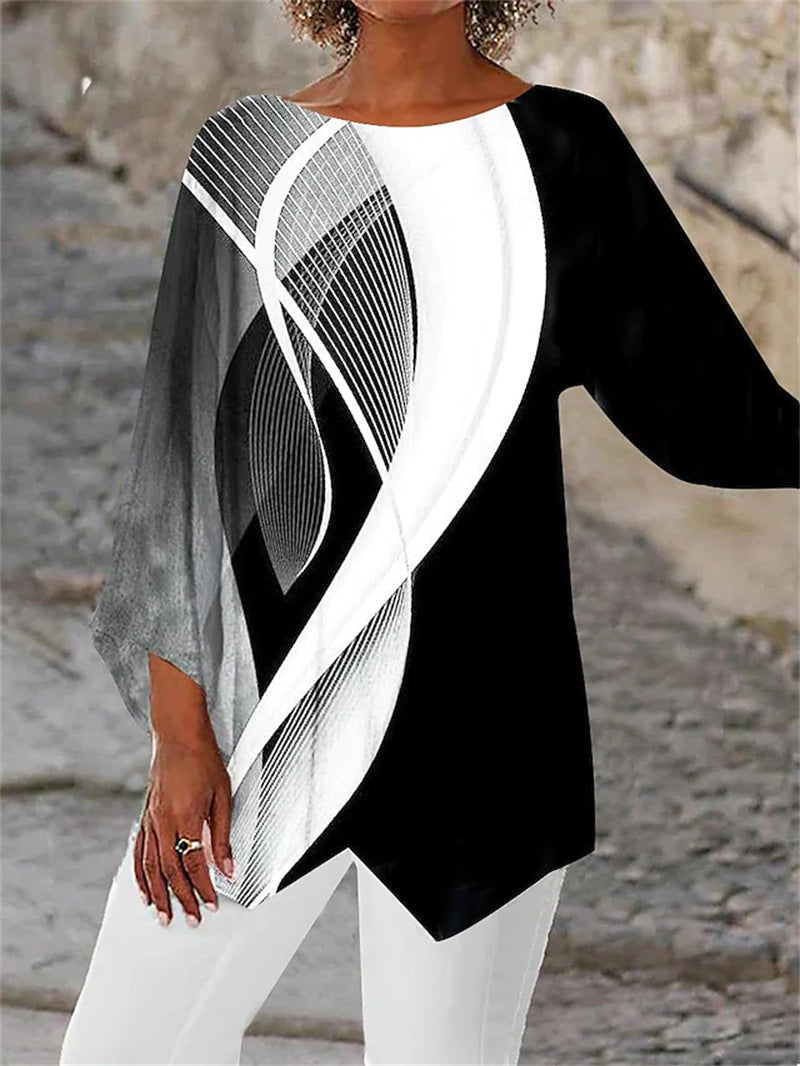 Geometric Print Long Sleeve Panel Crew Neck Top GlamzLife