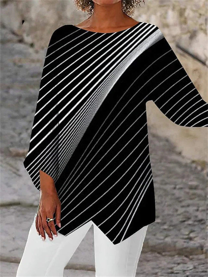 Geometric Print Long Sleeve Panel Crew Neck Top GlamzLife
