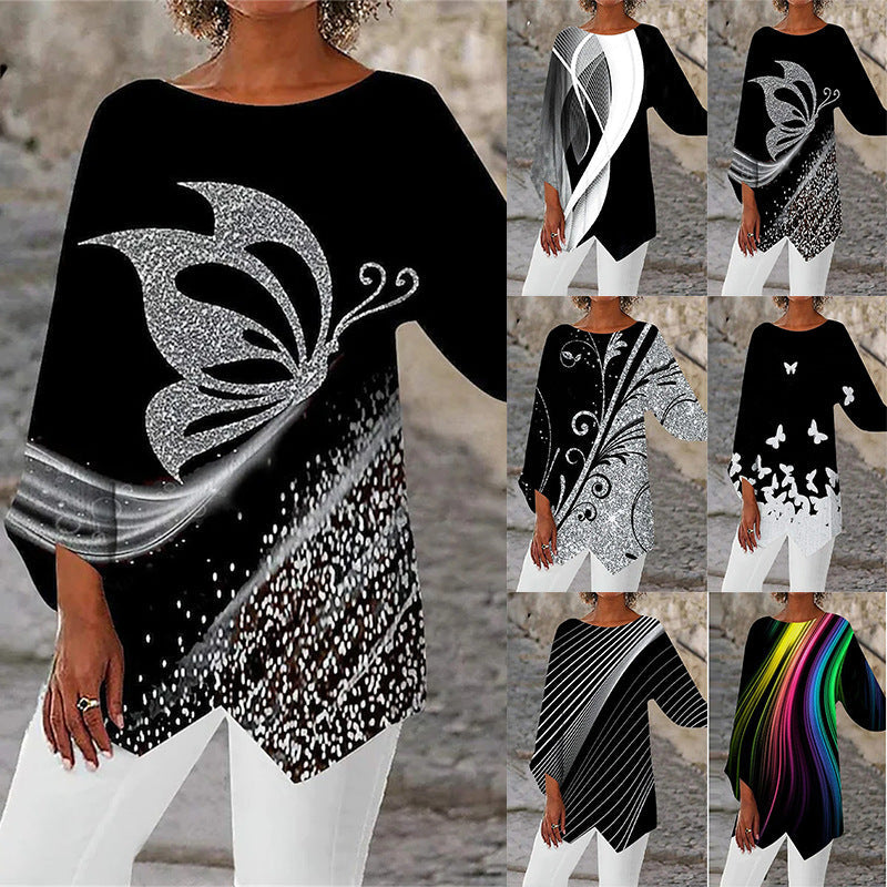 Geometric Print Long Sleeve Panel Crew Neck Top GlamzLife