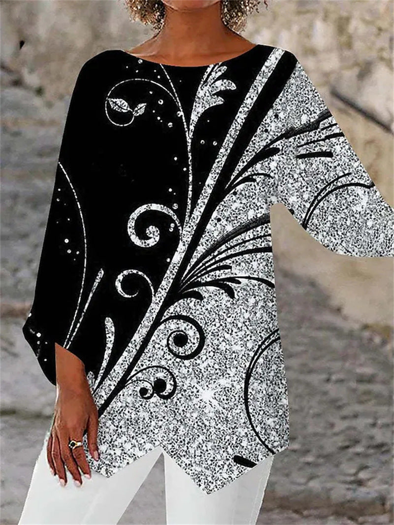 Geometric Print Long Sleeve Panel Crew Neck Top GlamzLife