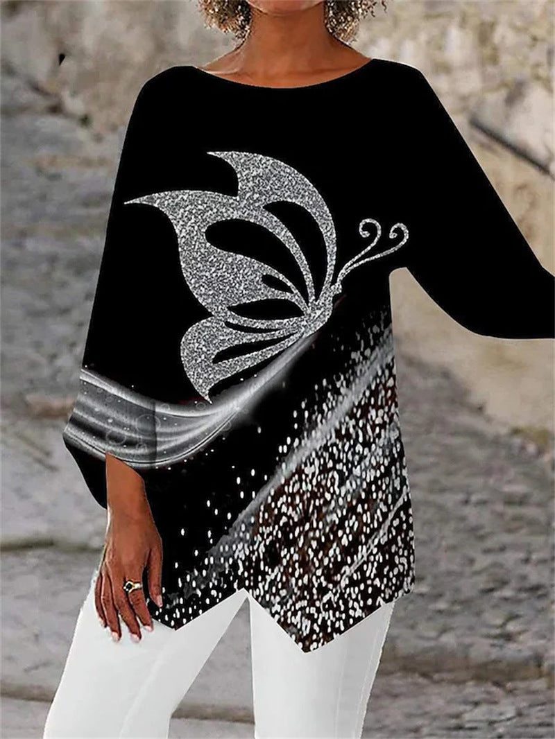 Geometric Print Long Sleeve Panel Crew Neck Top GlamzLife