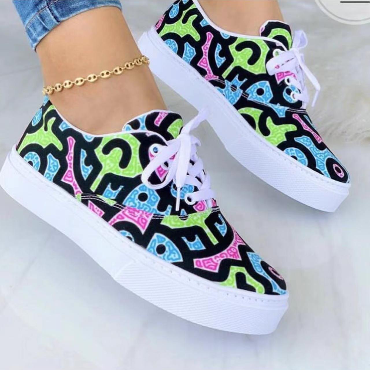Lace-up Flats Shoes Print Canvas Fashion Walking Sneakers Women GlamzLife