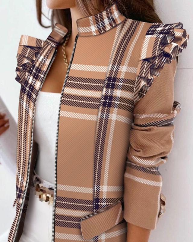 Leopard Print Zip Ruffle Shoulder Jacket | GlamzLife