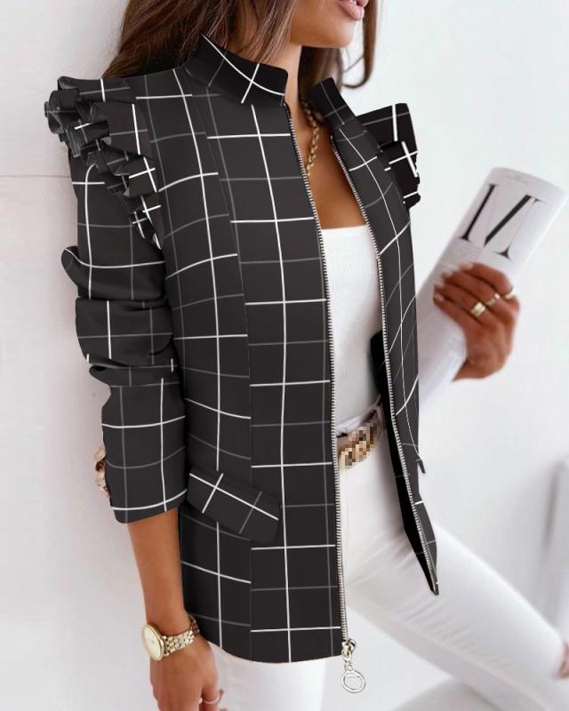 Leopard Print Zip Ruffle Shoulder Jacket GlamzLife