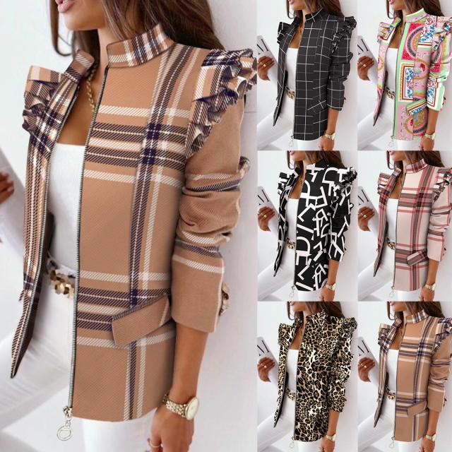 Leopard Print Zip Ruffle Shoulder Jacket GlamzLife