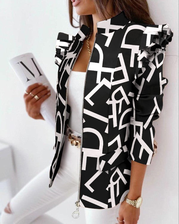 Leopard Print Zip Ruffle Shoulder Jacket GlamzLife
