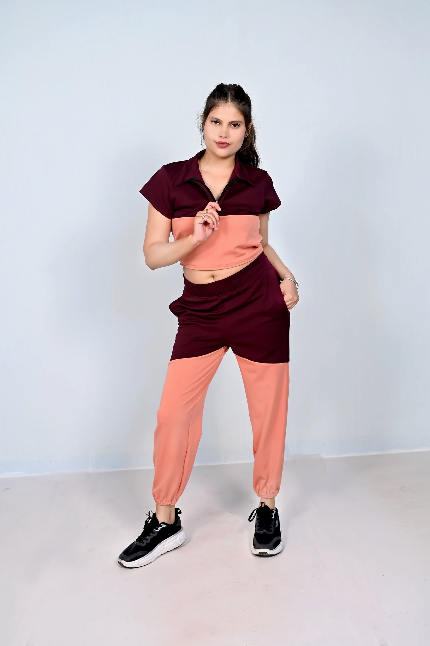 Luxurious Blend of Collared Neck Color Block Joggers With T-shirt | GlamzLife