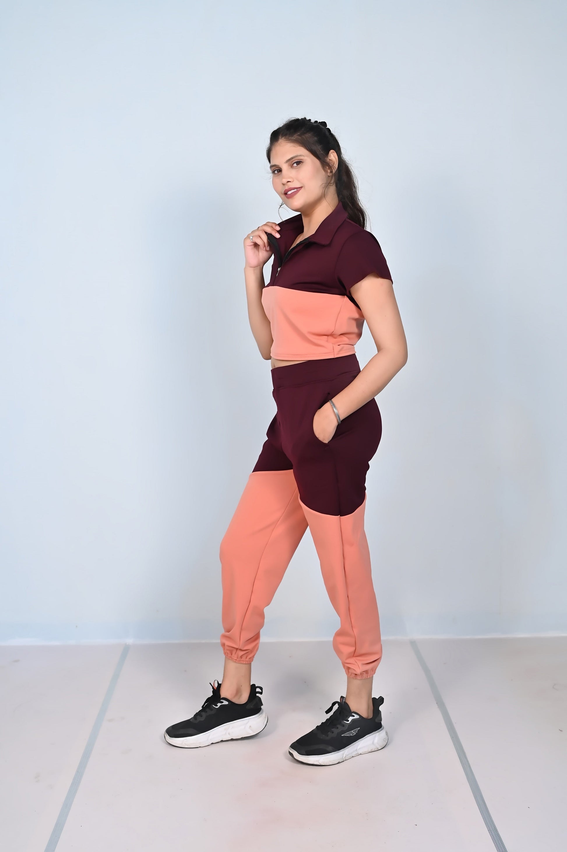Luxurious Blend of Collared Neck Color Block Joggers With T-shirt | GlamzLife