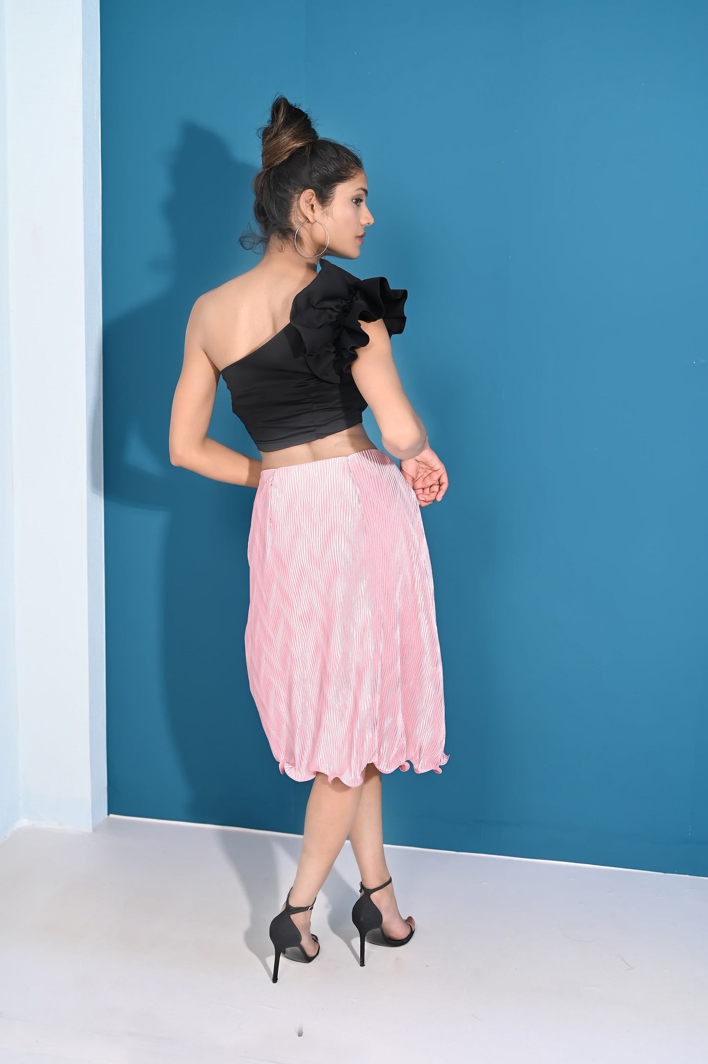 Luxurious Union of Knee-Length Skirt With One-Shoulder Crop Top | GlamzLife