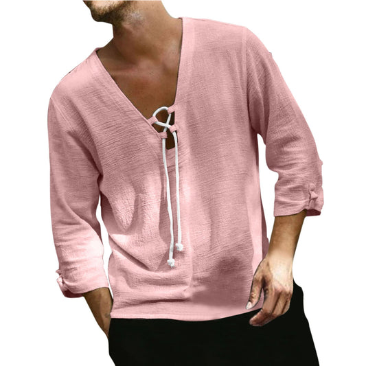 Men's Solid Color Fashionable Casual Hemp Drawstring Shirt | GlamzLife