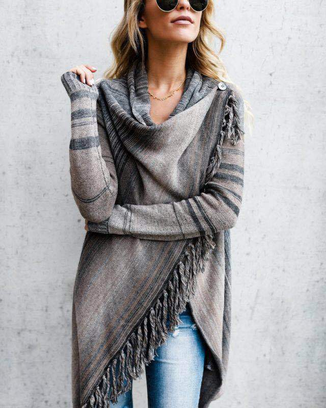 Mid Length Slim Fringe Striped Sweater Coat | Grey stripe | GlamzLife