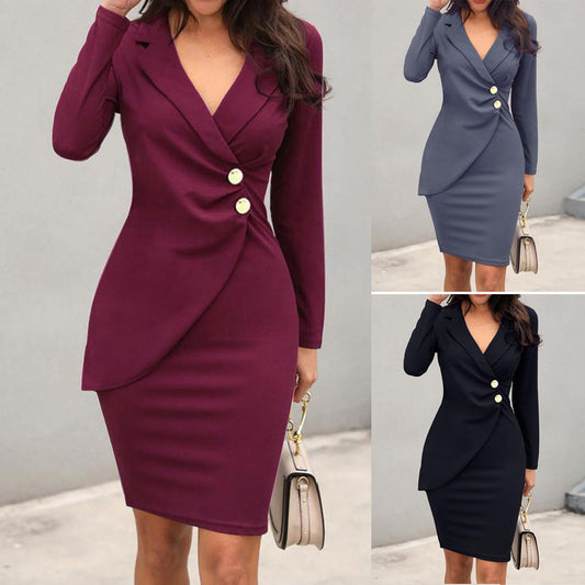 Polo Collar Long Sleeve Mid Skirt Dress | GlamzLife