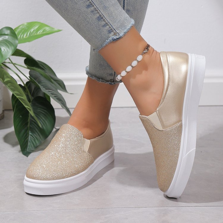 Round Toe Flat Shoes With Sequined Loafers Walking Shoes Women | GlamzLife