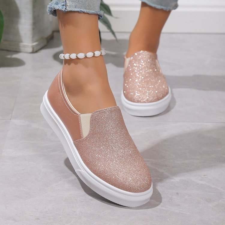 Round Toe Flat Shoes With Sequined Loafers Walking Shoes Women | GlamzLife