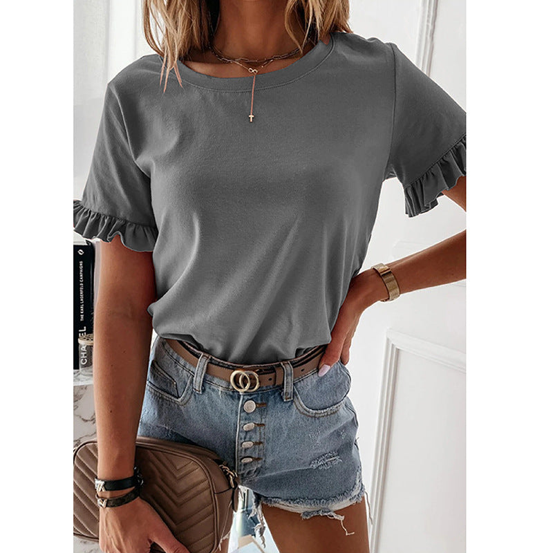 Solid Color Ruffled Round Neck Short Sleeves Top | GlamzLife