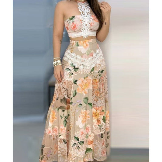 Trendy Floral Lace Up Top & Skirt Set | Khaki | GlamzLife