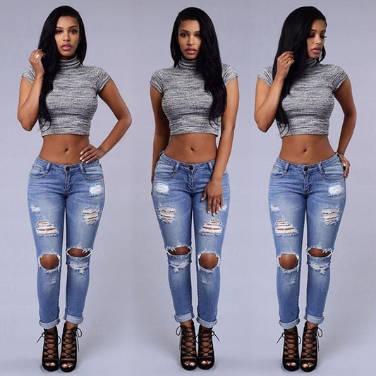 Women's Comfy Skinny Ripped Jeans | Light blue | GlamzLife