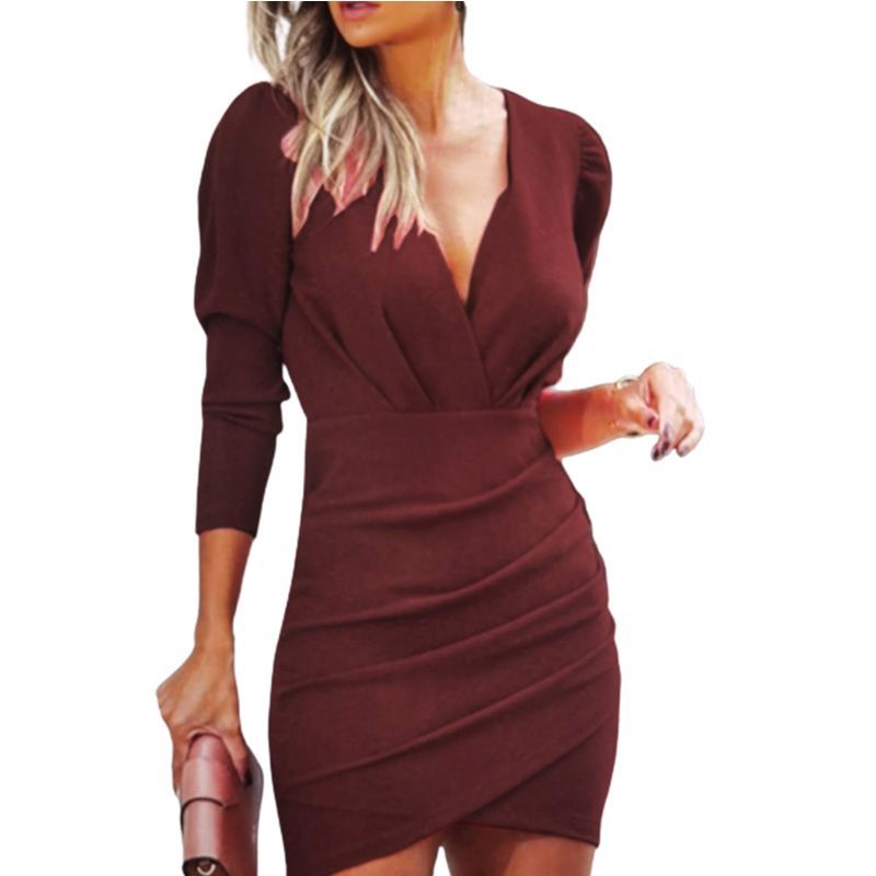 Women's Solid Color Drapped Short Dress | Wine red | GlamzLife