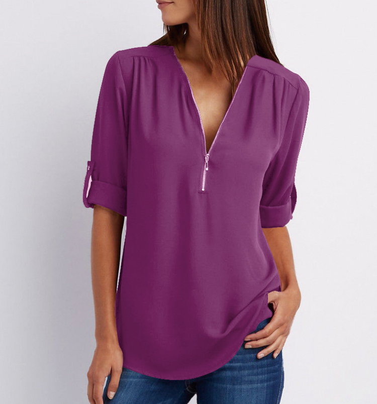 Zipper V-neck Women's Short Sleeve Loose Top | GlamzLife