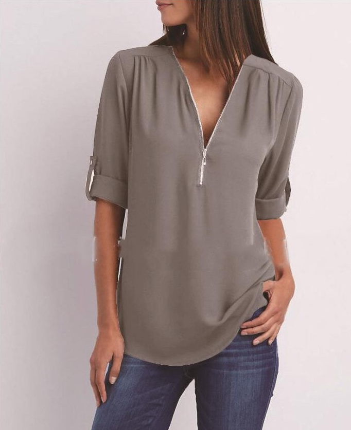 Zipper V-neck Women's Short Sleeve Loose Top | GlamzLife