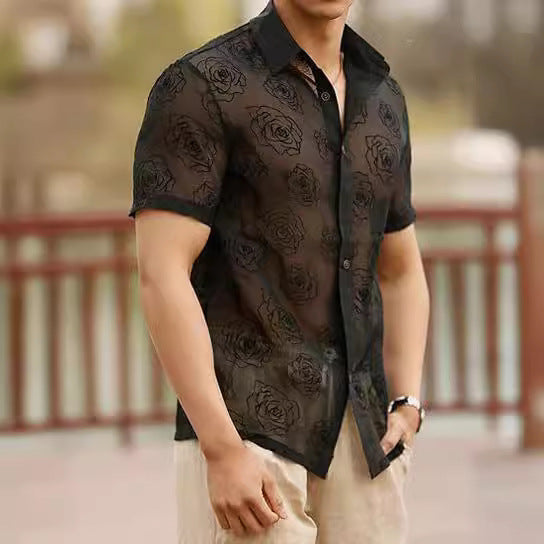 Men's Rose Flower Mesh See-through shirt - GlamzLife